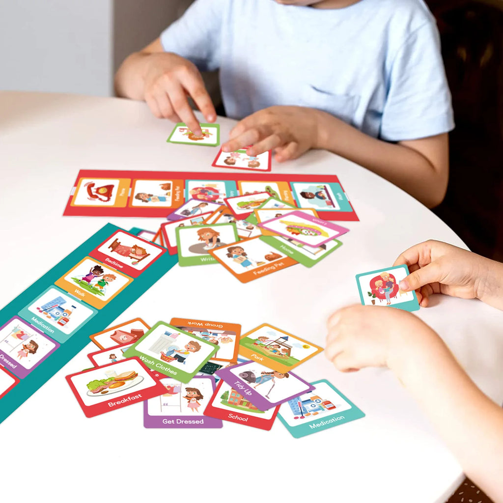 Parent using visual schedule cards for kids at home