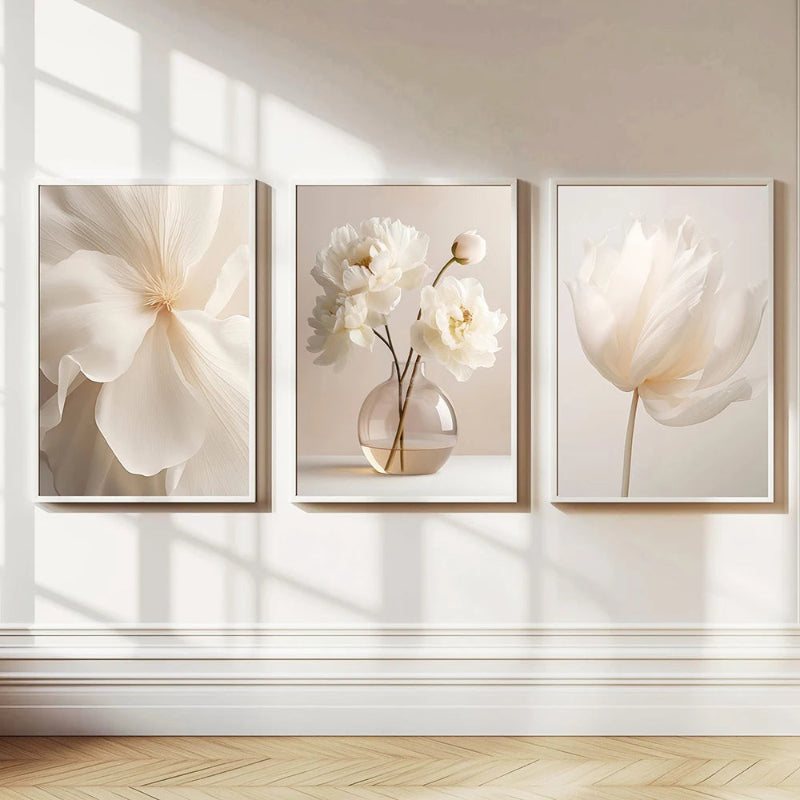 Nordic Botanical Peony Wall Art Print – beige cream floral canvas, minimalist home decor set of 3
