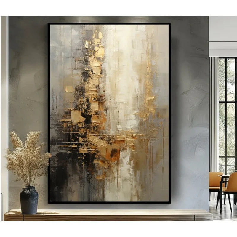 Close-up detail of hand painted textured canvas wall art showing gold leaf brushstrokes and palette knife acrylic technique
