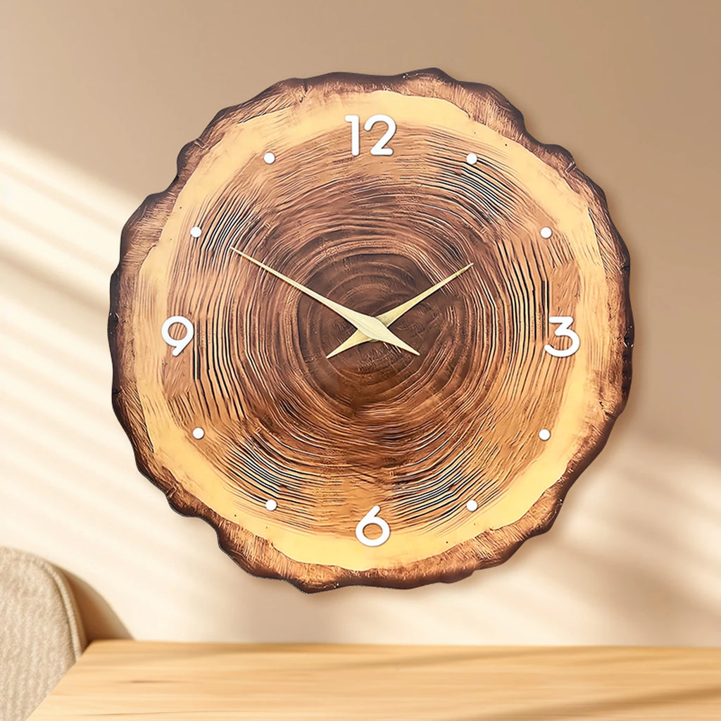 Natural wood-style silent wall clock with tree-ring design displayed in a warm neutral living room with soft natural light.