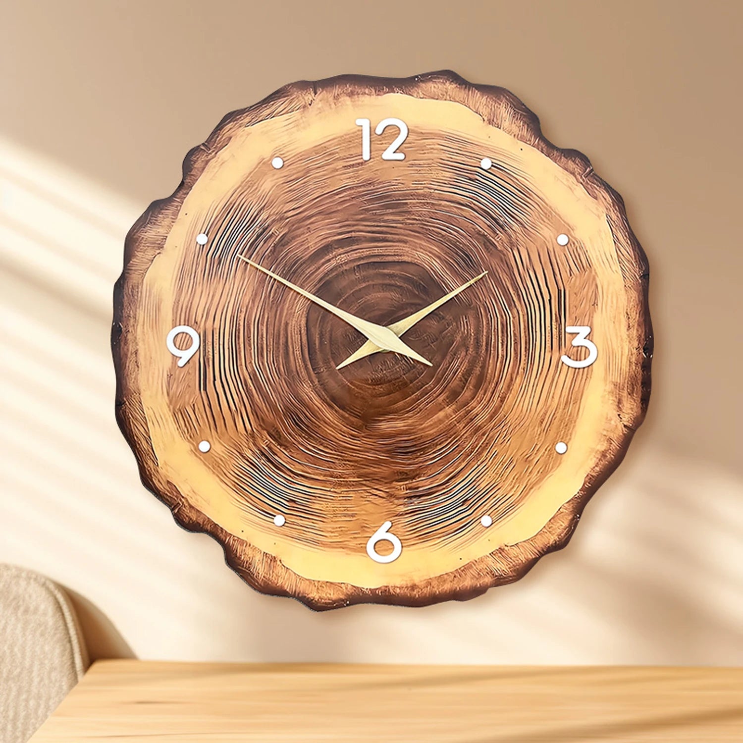 Natural wood-style silent wall clock with tree-ring design displayed in a warm neutral living room with soft natural light.