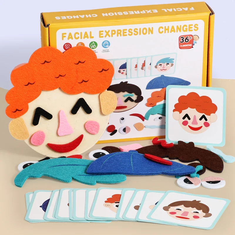 Feelings face game set with face pieces and emotion cards