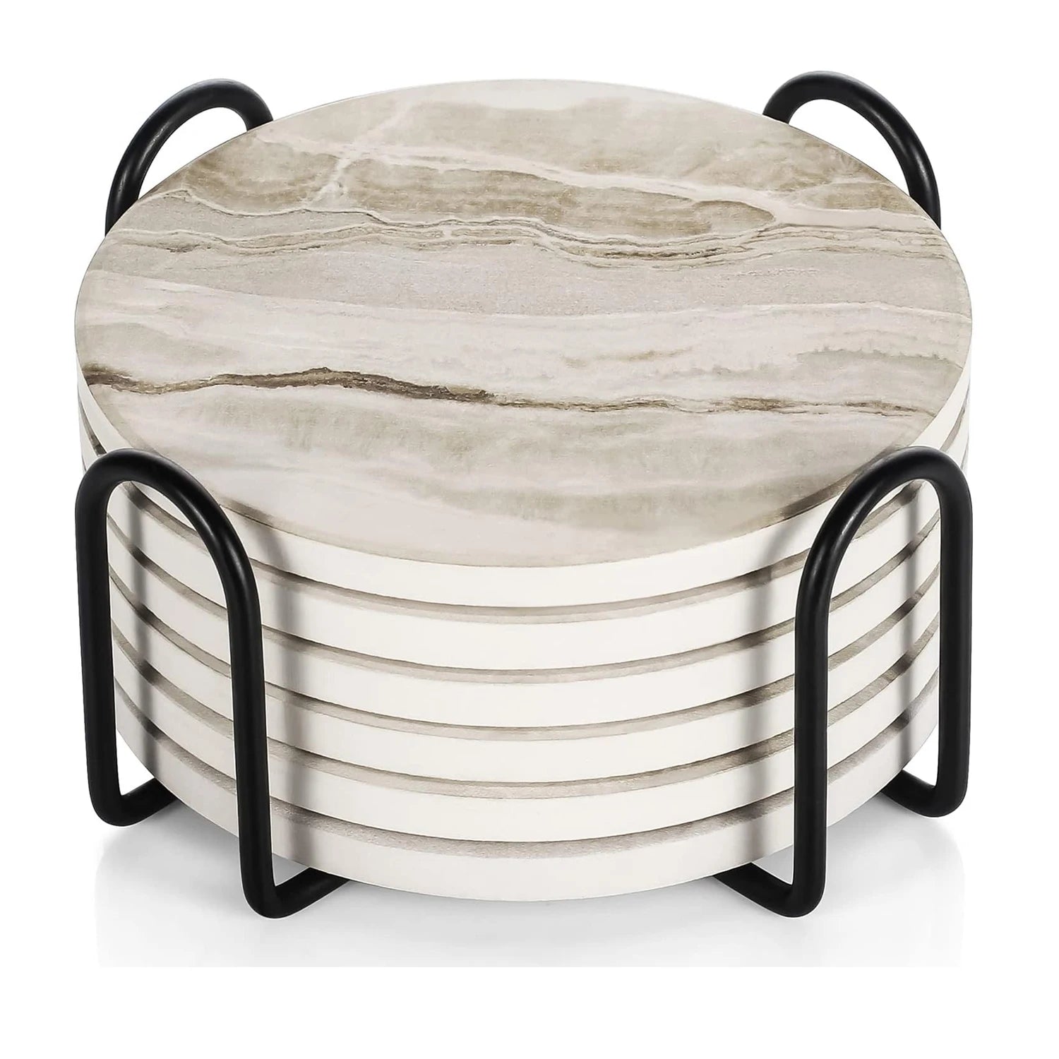 Ceramic coaster set with holder styled on a marble coffee table with warm neutral Usfera home decor