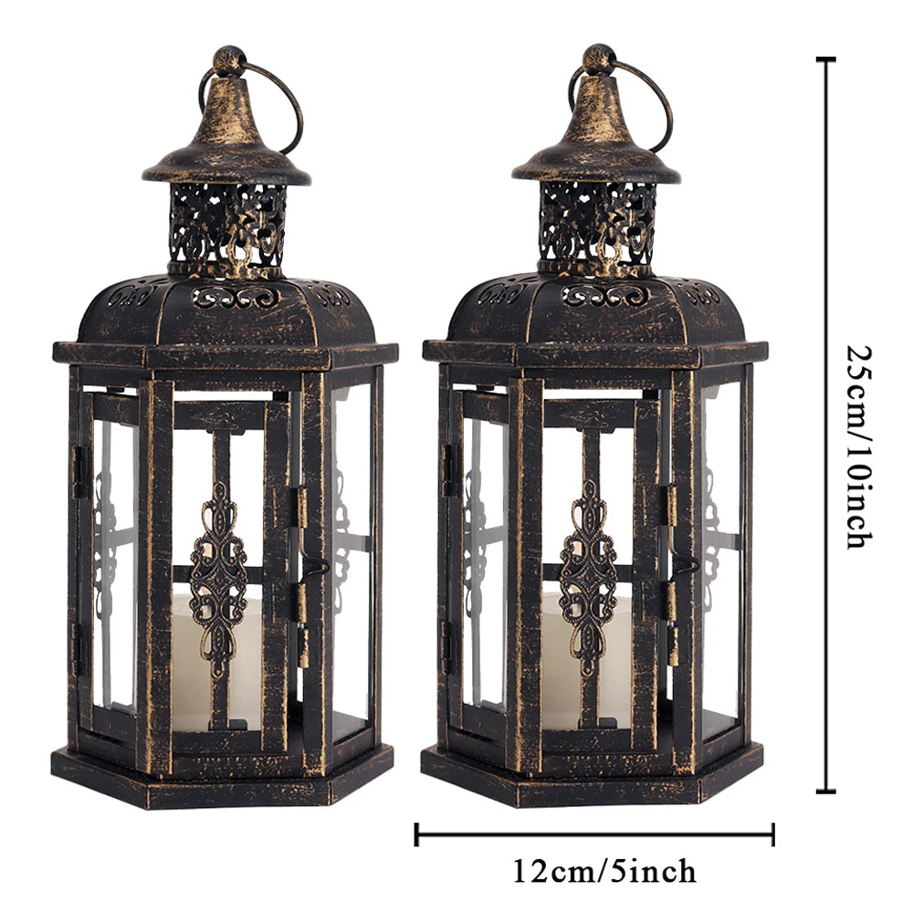 Black and gold metal candle lantern with warm candlelight for porch, garden table, and outdoor dining styling