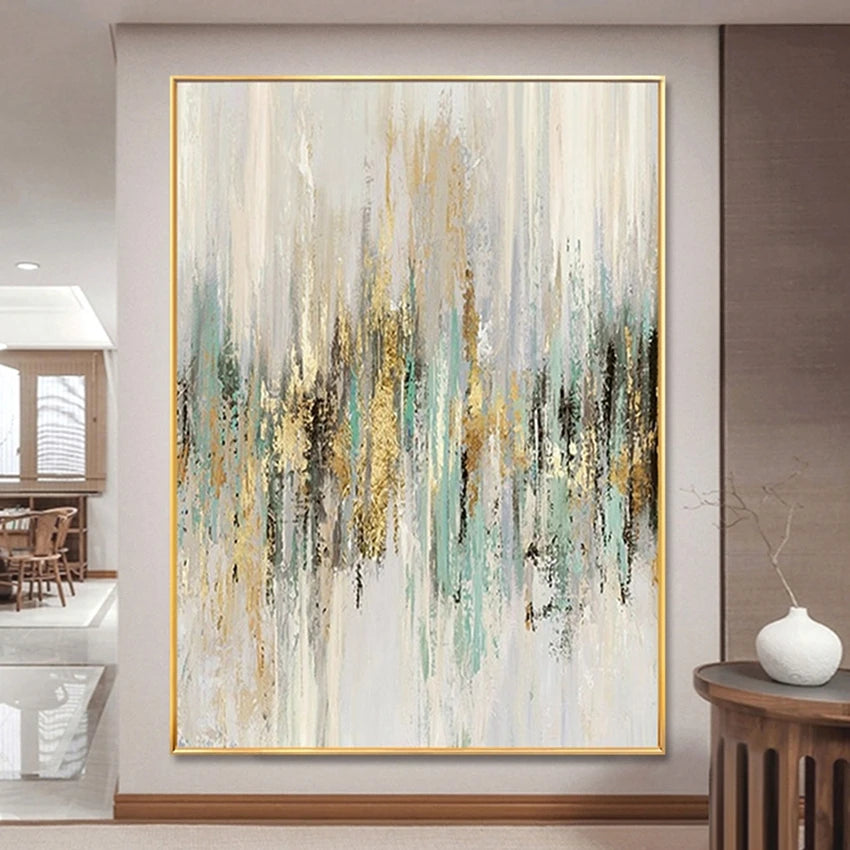 Large abstract canvas wall art styled in a luxury calm living room with family and Usfera decor accents