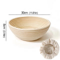Rattan bread proofing basket with fresh bread in a joyful family baking scene with USFERA branding on a separate card