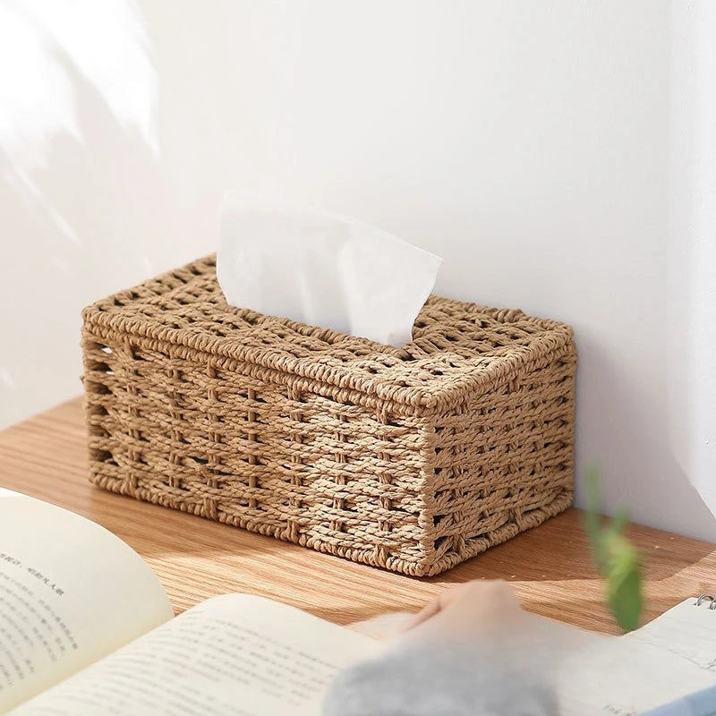 Natural woven tissue holder for calm home organization