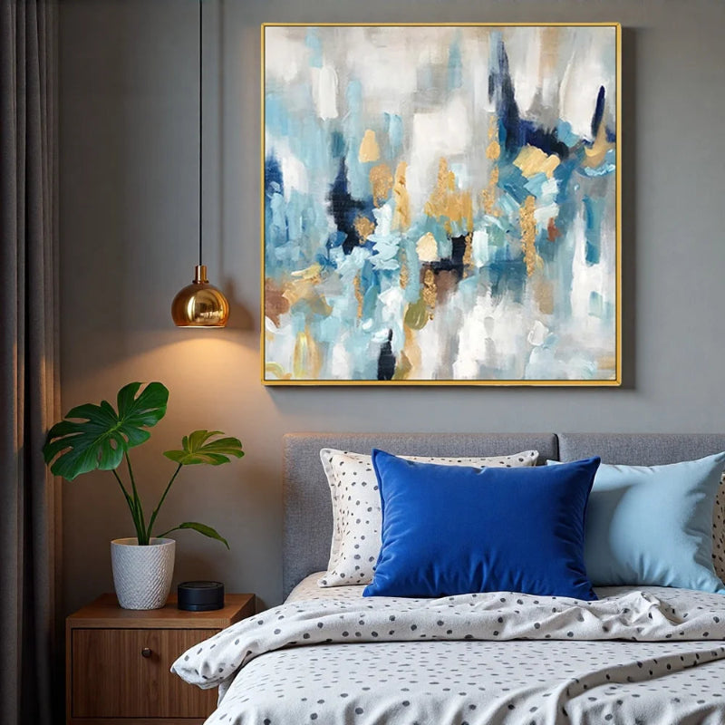 Modern abstract oil painting on linen canvas, teal blue gold white heavy texture brushstrokes, square format in gold frame
