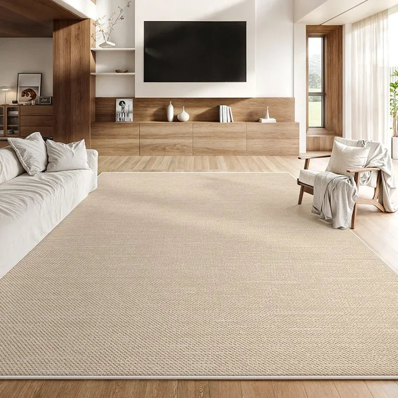 Textured beige area rug in a premium modern home with parents and children enjoying a calm family moment