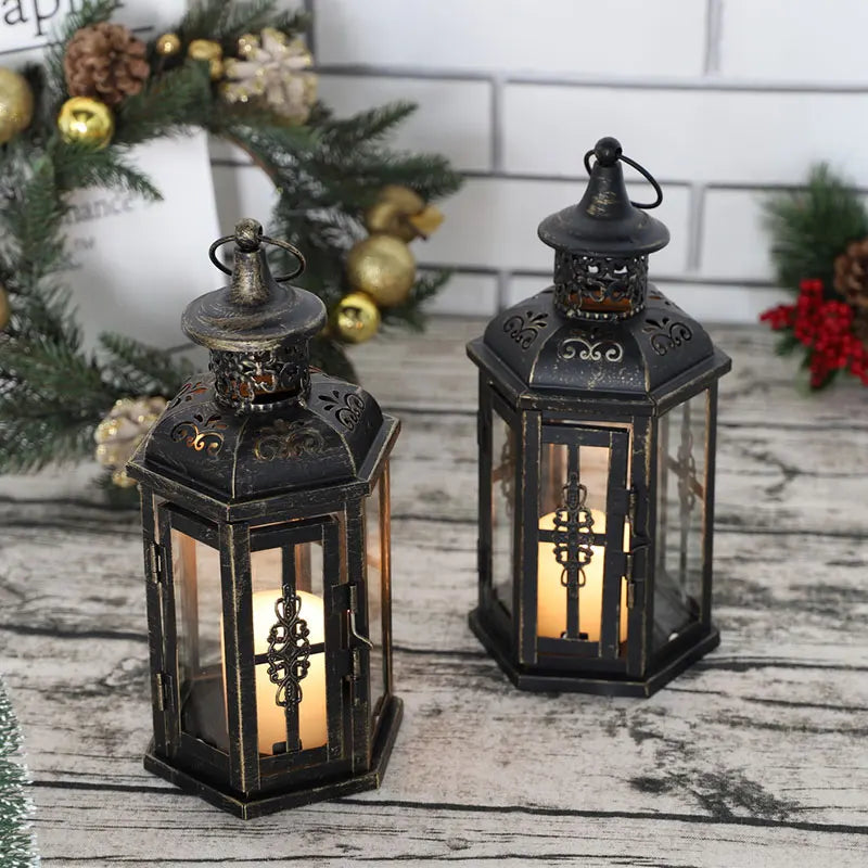 Vintage metal candle lantern with tempered glass panels styled for calm outdoor evenings and patio decor