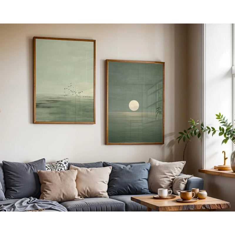 Scandinavian zen canvas art set – sage green and muted teal tones for gallery wall
