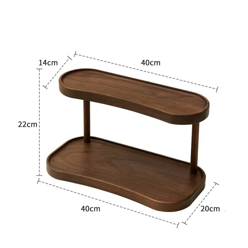 Two-tier wooden organizer for calmer evenings styled with neutral decor, bedside essentials, and warm natural light