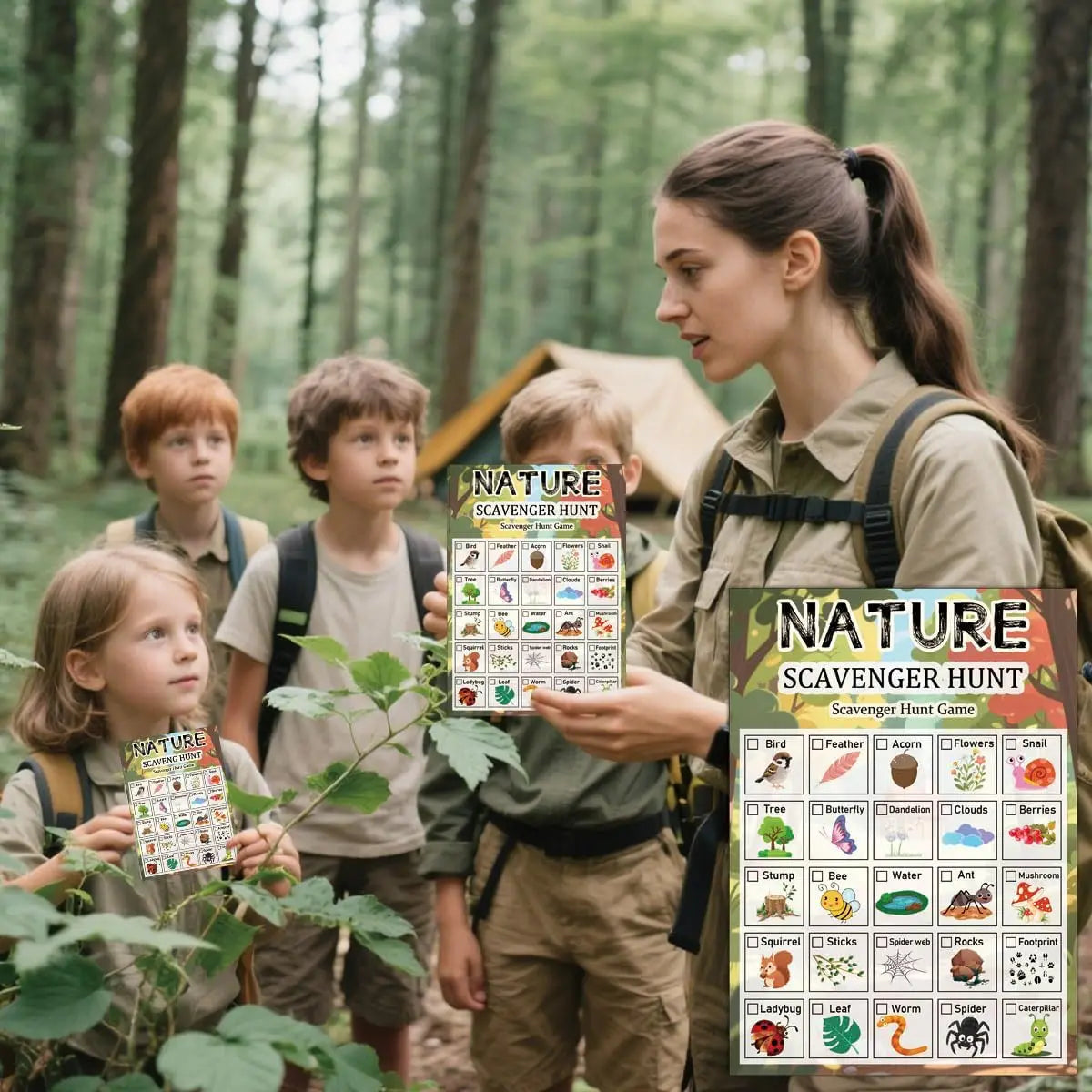 Children using nature scavenger hunt cards during outdoor play