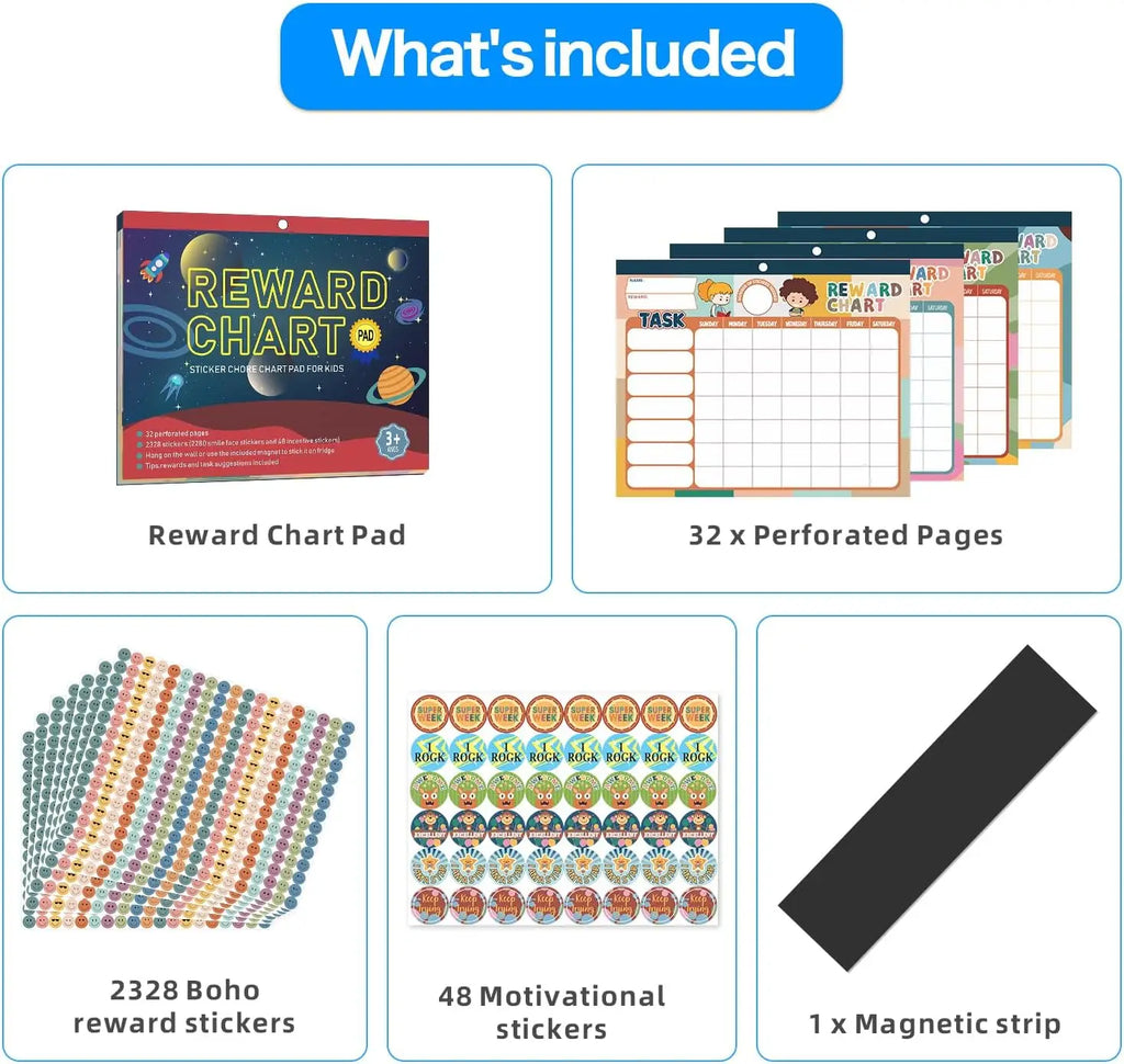 Responsibility chart kit with chart pages, stickers, motivational stickers, and magnetic strip