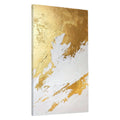 Gold and white abstract brushstroke canvas wall art, vertical format, textured metallic finish
