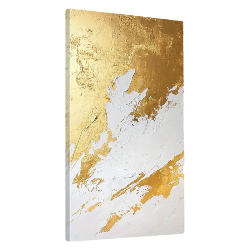 Gold and white abstract brushstroke canvas wall art, vertical format, textured metallic finish
