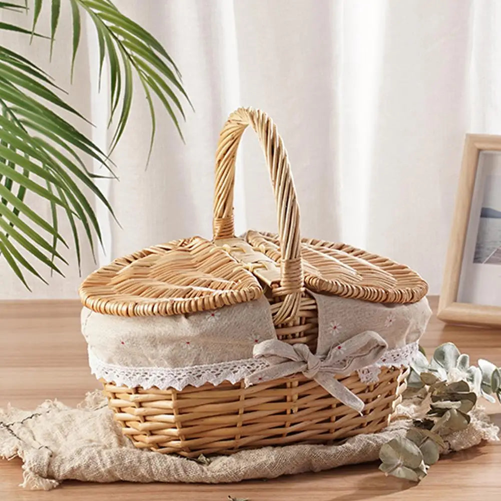 Natural wicker picnic basket for family park outings and backyard picnics