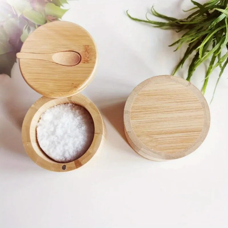 organized kitchen counter with bamboo spice jars and soft neutral aesthetic