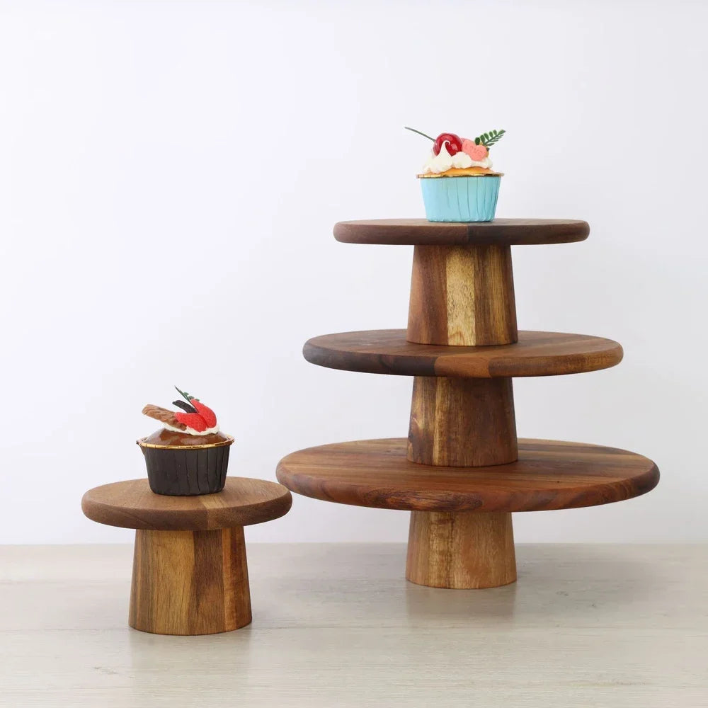 Round wood dessert stand for cakes, pastries, and family table styling