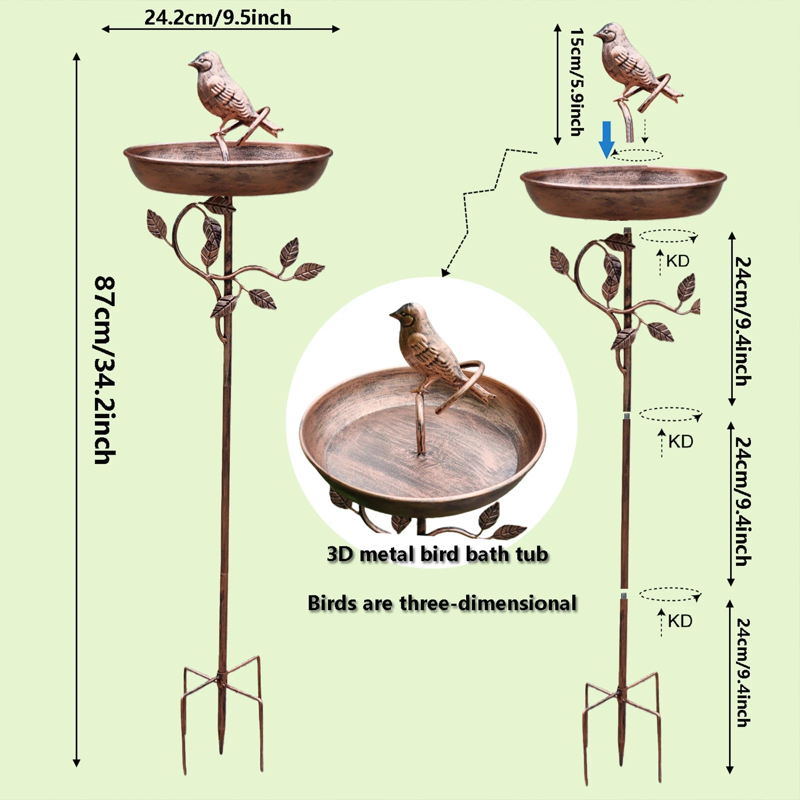 Vintage metal garden birdbath with decorative bird details styled in a calm luxury outdoor garden setting