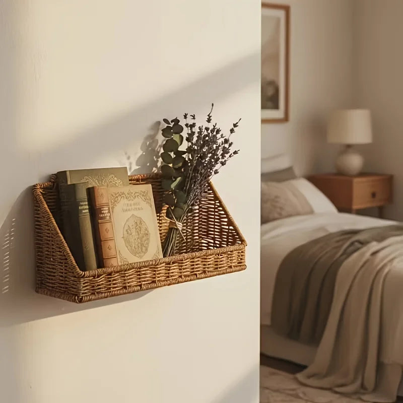 Rattan wall-mounted basket organizing books in a cozy bedroom, screen-free home setup