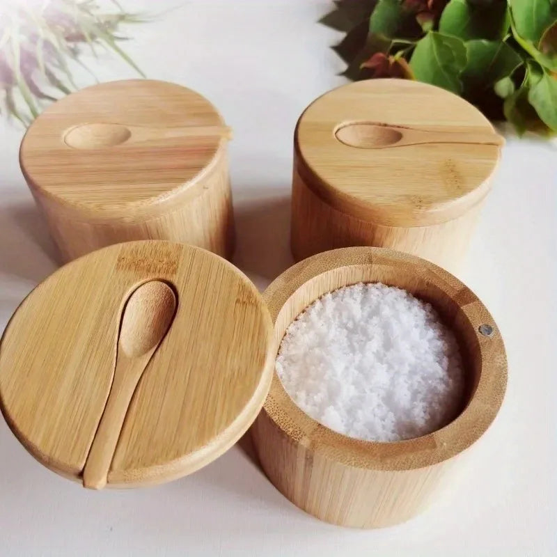 wooden spice jars with lids and spoon in warm minimalist kitchen decor