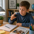 Child using a black fidget cube at a calm study desk, surrounded by notebooks and pencils, with a subtle “USFERA” branded book nearby, promoting focus and screen-free quiet moments.