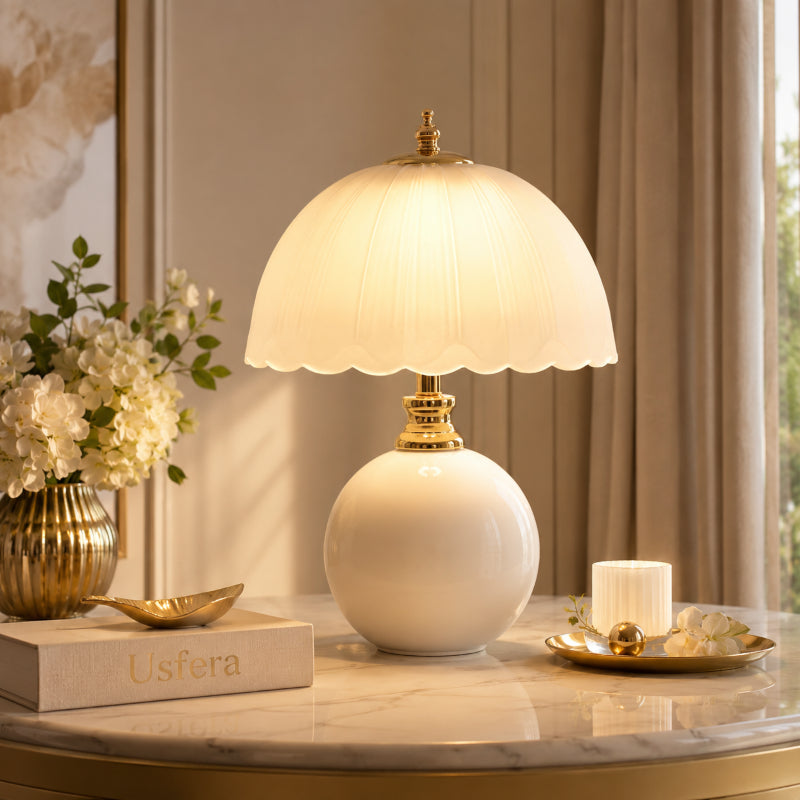 White ceramic table lamp with gold details, elegant bedroom nightstand lighting, Usfera premium home decor