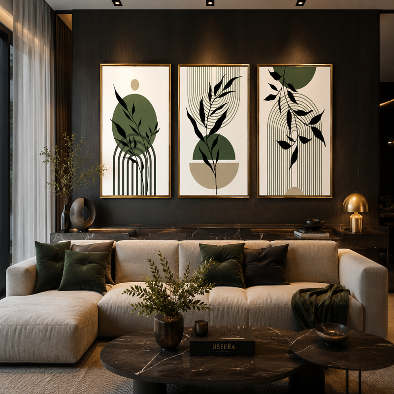 Sage Green Botanical Wall Art Set of 3 – mid-century modern prints in gold frames, dark luxury living room with marble coffee table and warm lighting