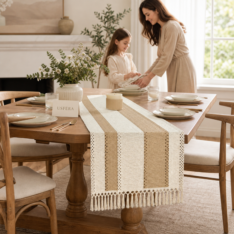 Usfera linen table runner for screen-free meals and warm home gatherings