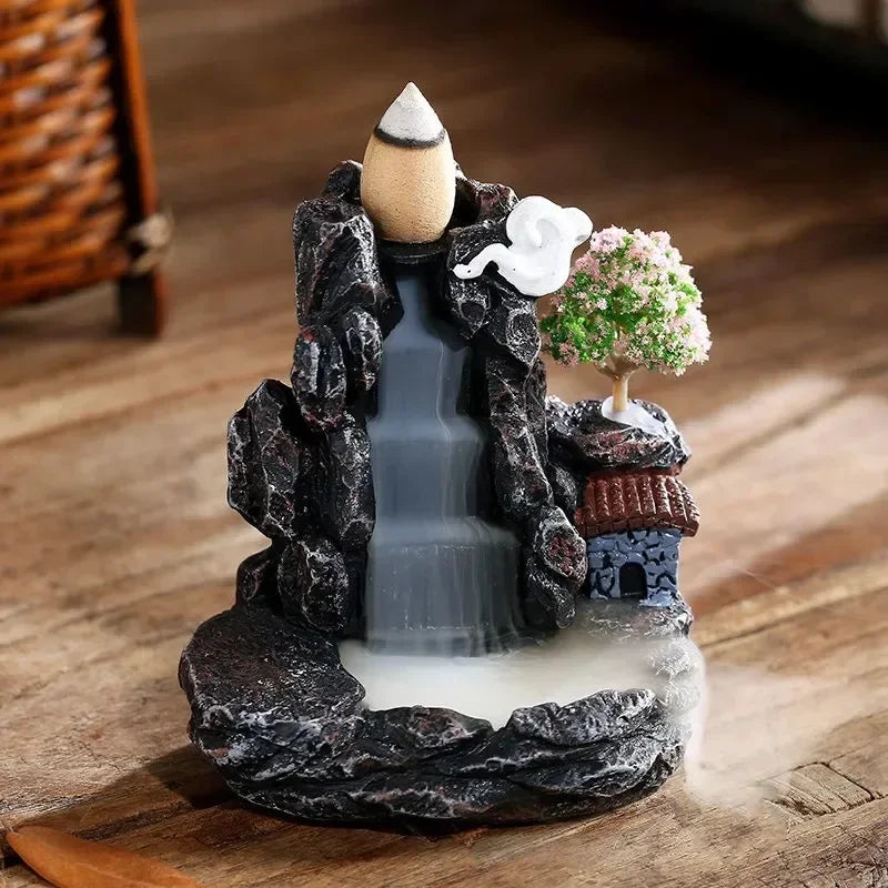 Zen backflow incense burner mountain waterfall statue with cascading smoke — Usfera meditation decor