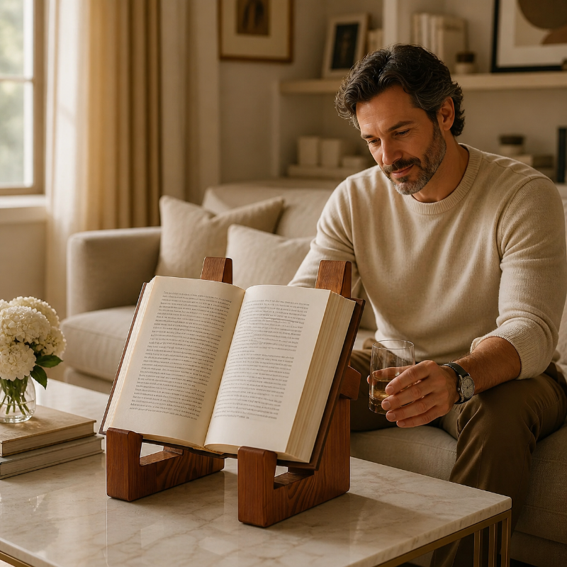 Wooden book stand holding an open book in a warm luxury reading corner