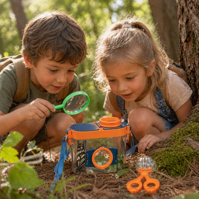Children exploring a bug catcher kit in a sunlit forest, using a magnifying glass to observe nature in a calm, screen-free outdoor moment
