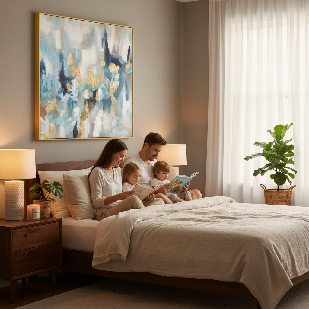 Abstract teal blue gold canvas wall art in gold frame above king size bed with family reading together in cozy premium bedroom
