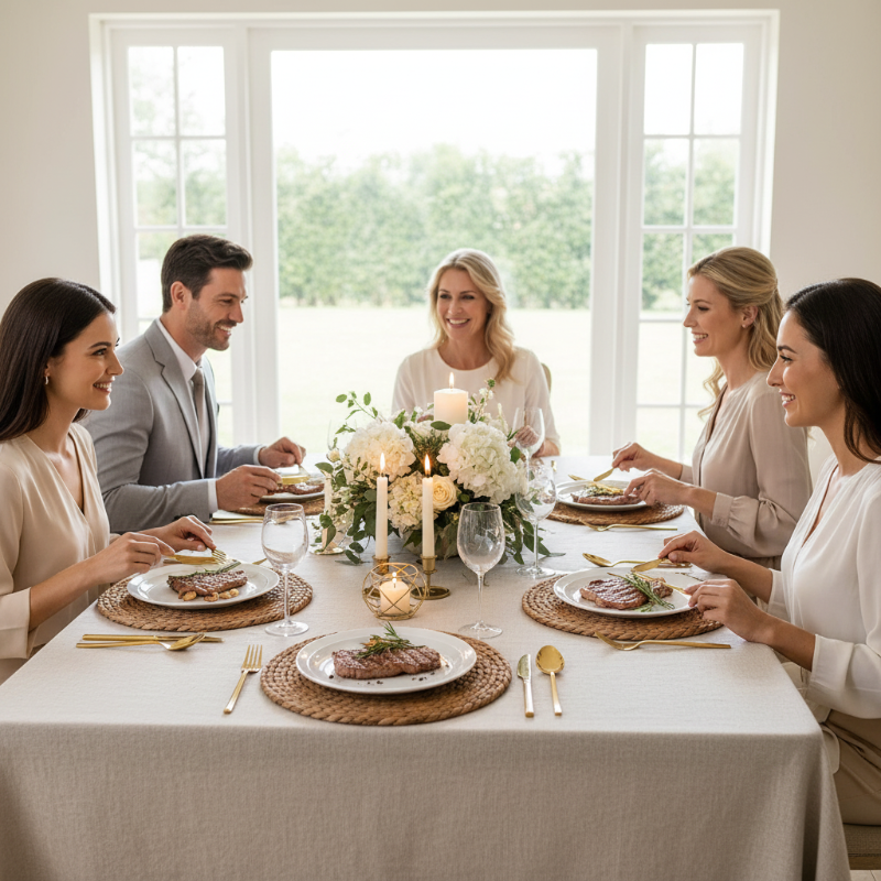 Elegant family dinner table with handwoven rattan placemats, candles and white flowers – premium table setting by Usfera
