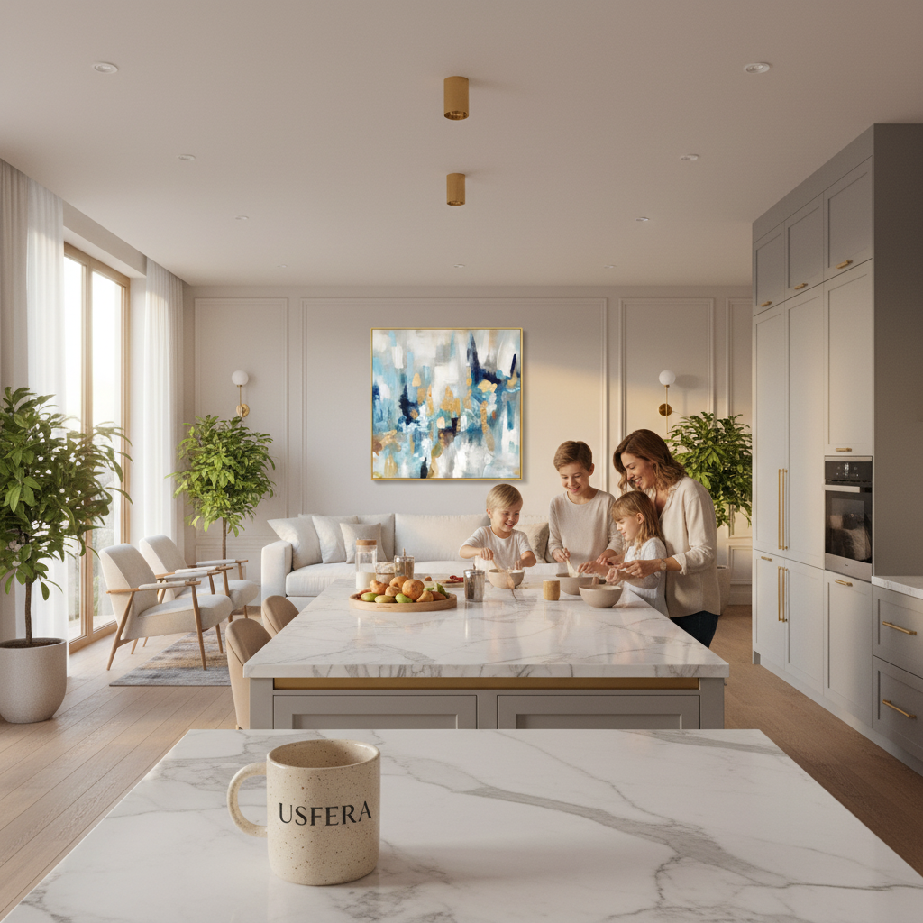 Large square abstract oil painting in gold frame in luxury open plan kitchen with family cooking together, warm morning light
