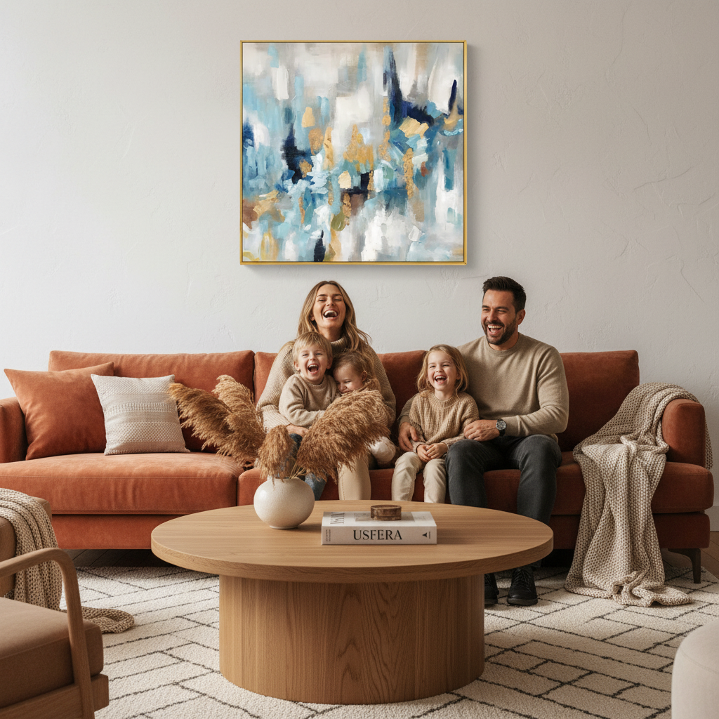 Modern abstract oil painting in gold frame displayed in luxury living room with family on terracotta velvet sofa, warm amber lighting
