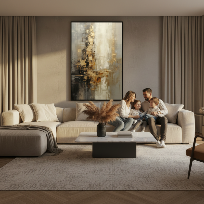 Family of four relaxing on cream sofa in luxury living room with large gold and beige abstract canvas wall art displayed above them
