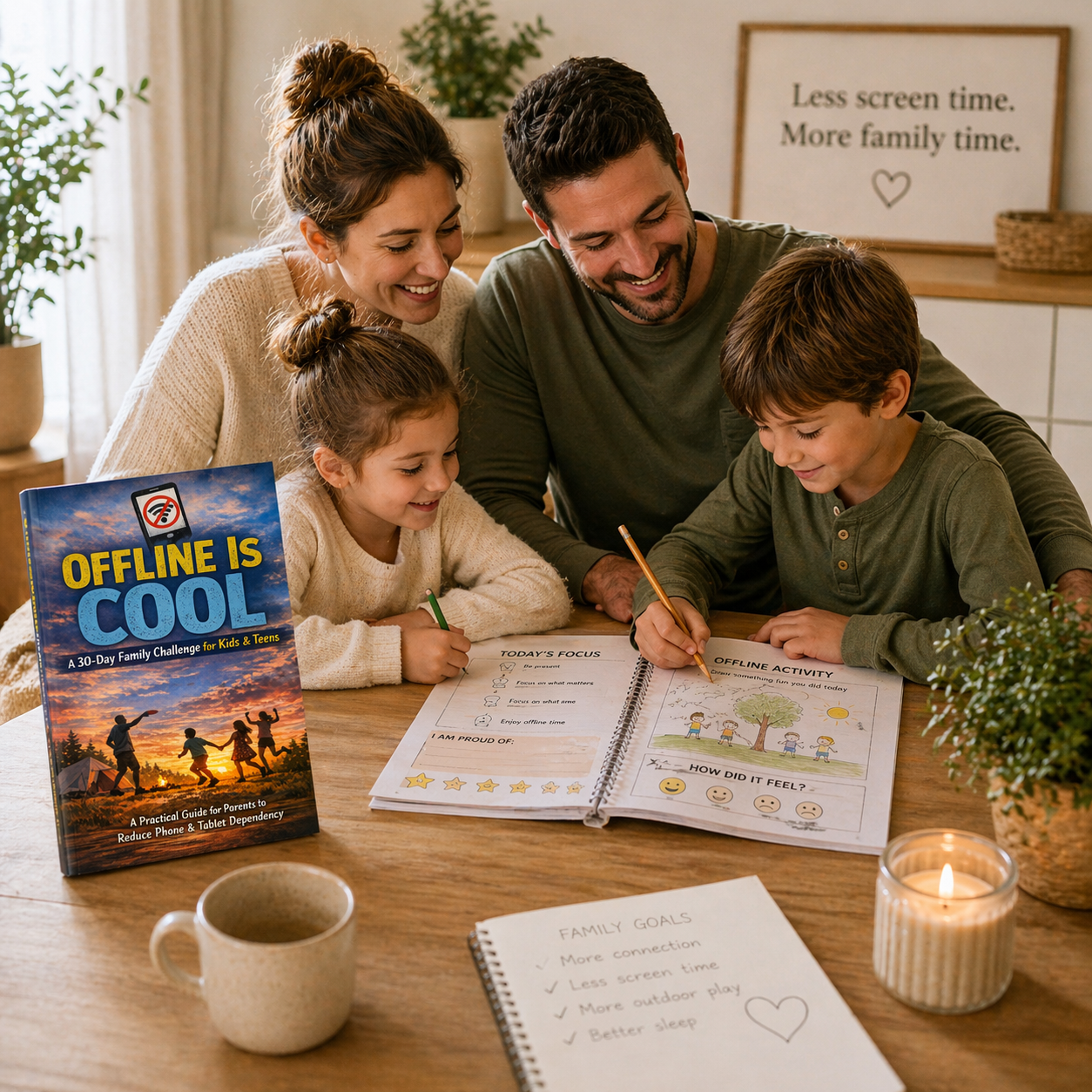 family using 30-day screen reset workbook together at home for calmer routines and quality time without screens