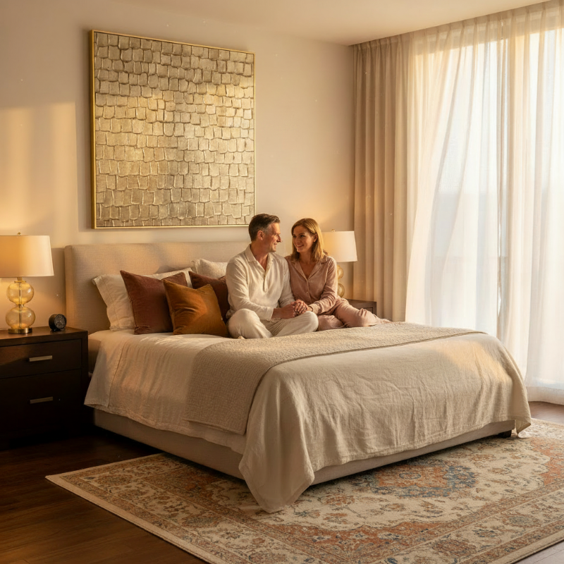 Handmade gold leaf oil painting canvas wall art above king bed in elegant luxury bedroom interior
