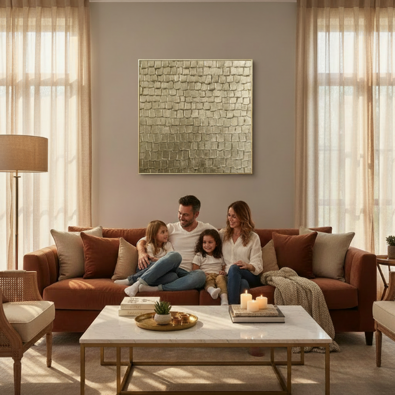 Gold leaf textured canvas wall art displayed in warm luxury living room with family on velvet sofa

