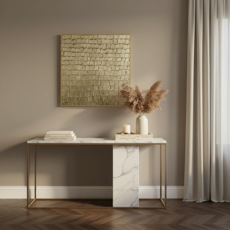 Luxury gold leaf canvas wall art above marble console table with ceramic vase and pampas grass decor
