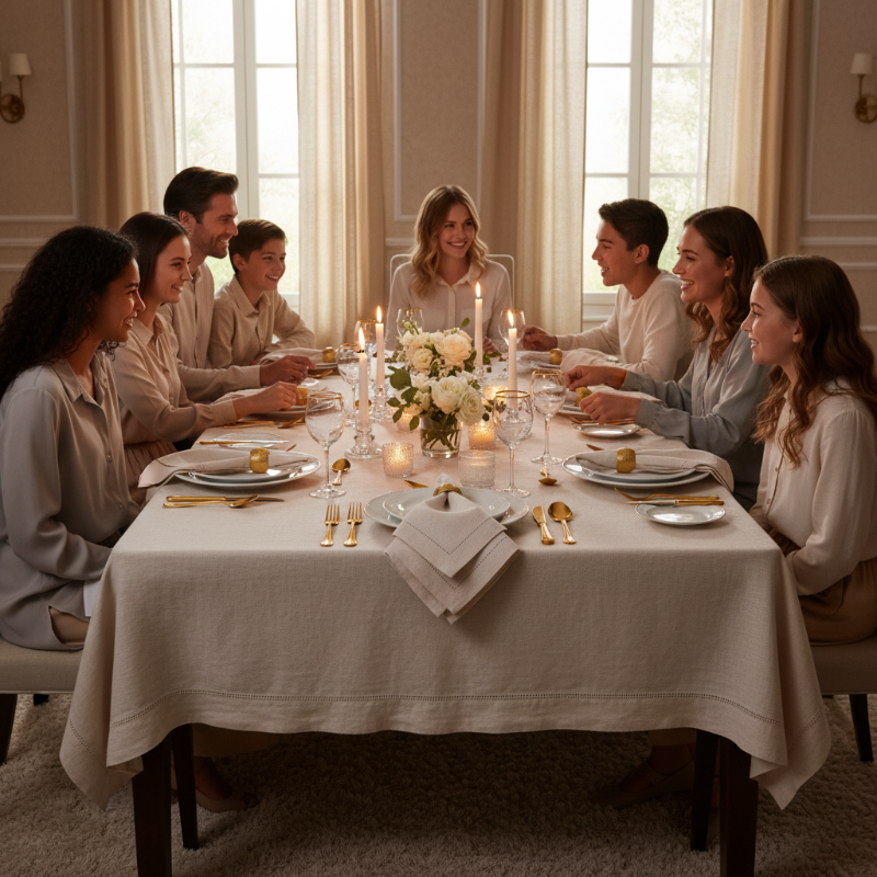 Elegant family dining table scene with linen napkins and warm candlelight – The Elegant Table collection by Usfera

