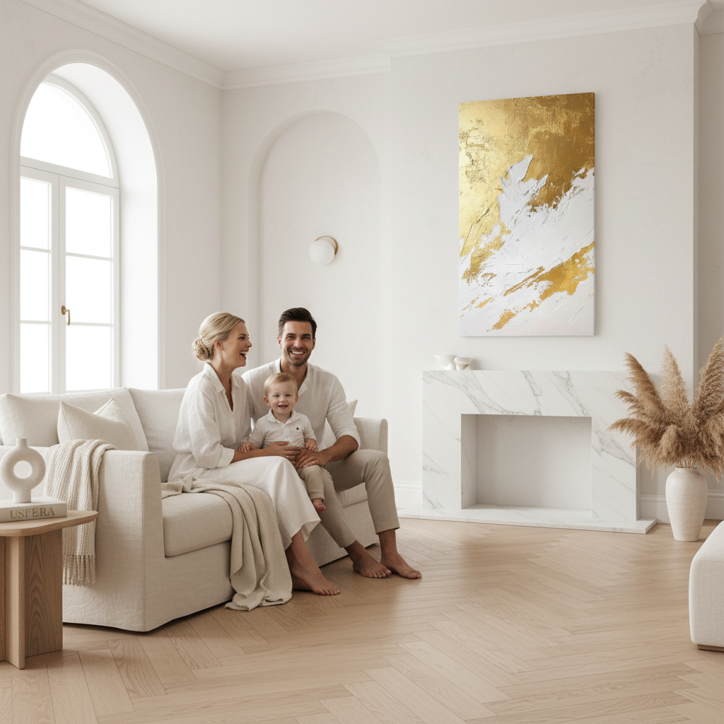 Side view of gold white abstract canvas painting showing textured brushstroke depth on premium canvas
