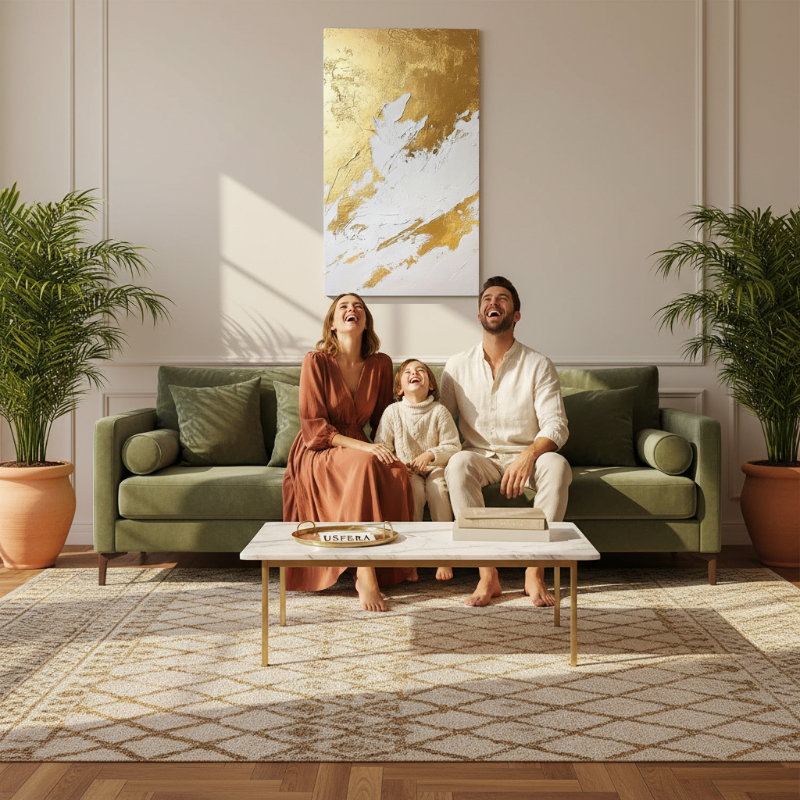 Gold white abstract canvas wall art displayed in luxury living room above velvet sofa with family
