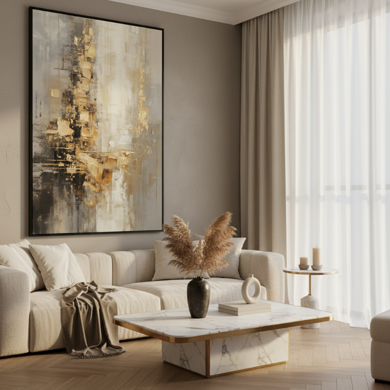 Luxury living room interior with oversized cream bouclé sofa, marble coffee table and large textured abstract gold painting on warm greige wall
