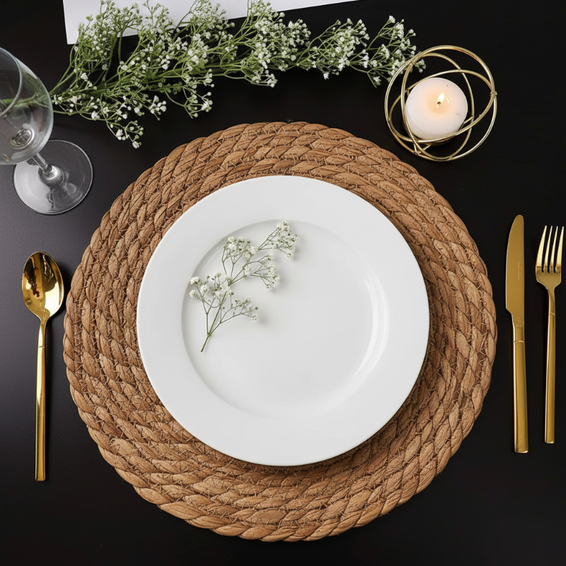 Handwoven rattan round placemat with white plate and gold cutlery – natural table mat for elegant dining by Usfera
