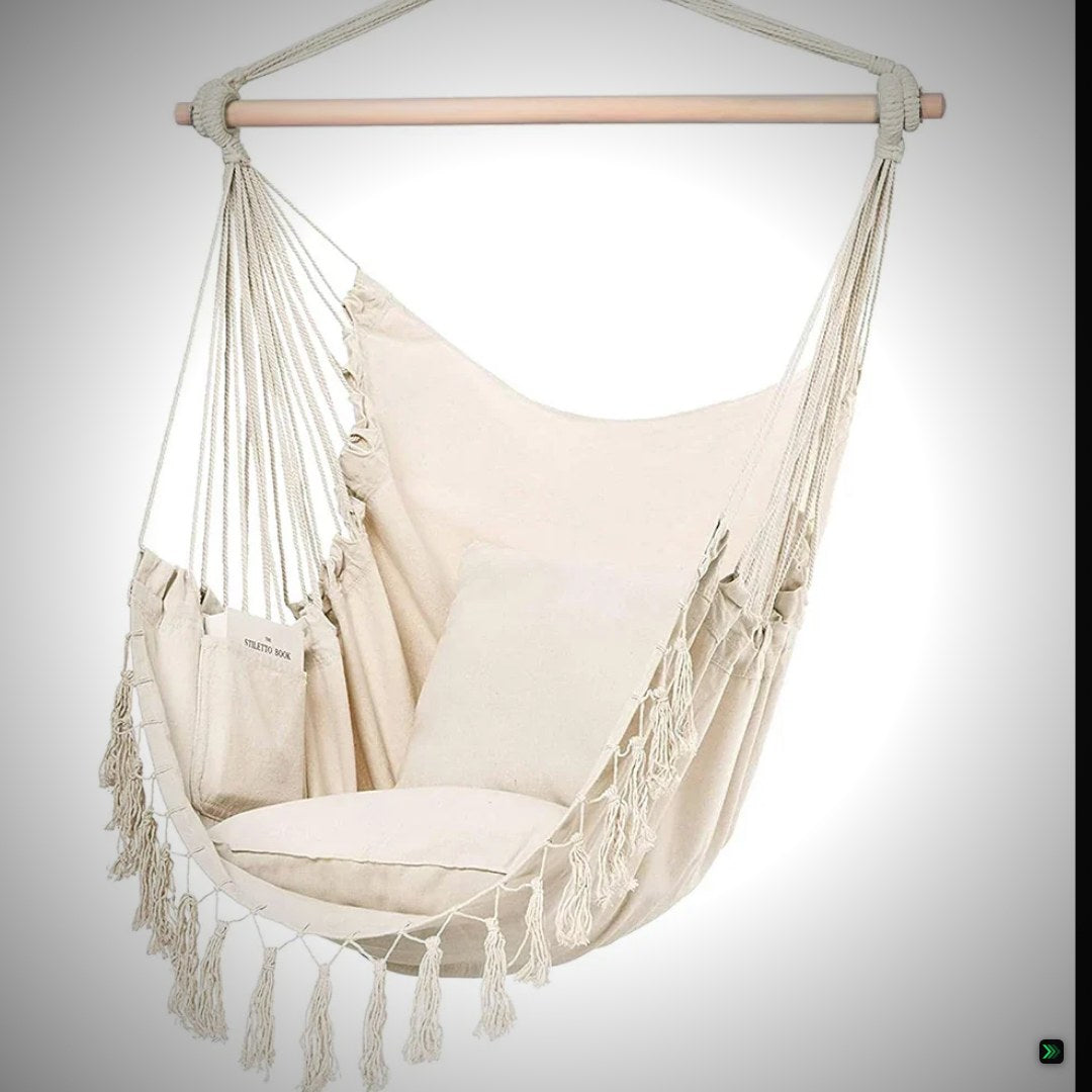Hammock Chair, Hanging Rope Swing Seat with 2 Cushions,Macrame Hanging Chair Side Pocket with High Load-Bearing Metal Rod,for In – Clean Showcase