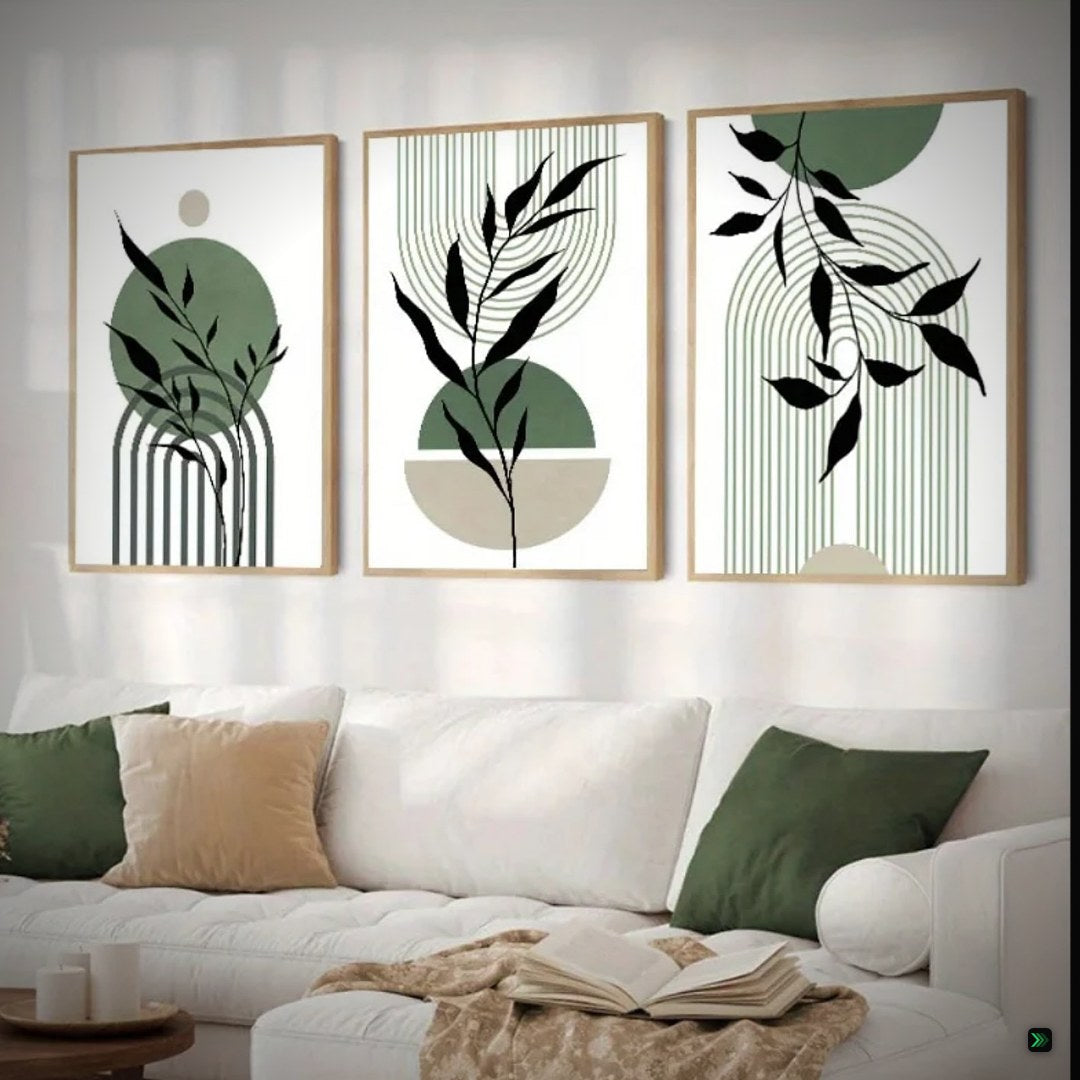 Sage Green Botanical Wall Art Set – 3 Piece Boho Abstract Prints – Clean Showcase