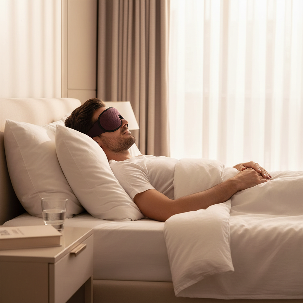 Man wearing mauve 3D blackout sleep mask in cozy luxury bedroom — Usfera sleep accessories